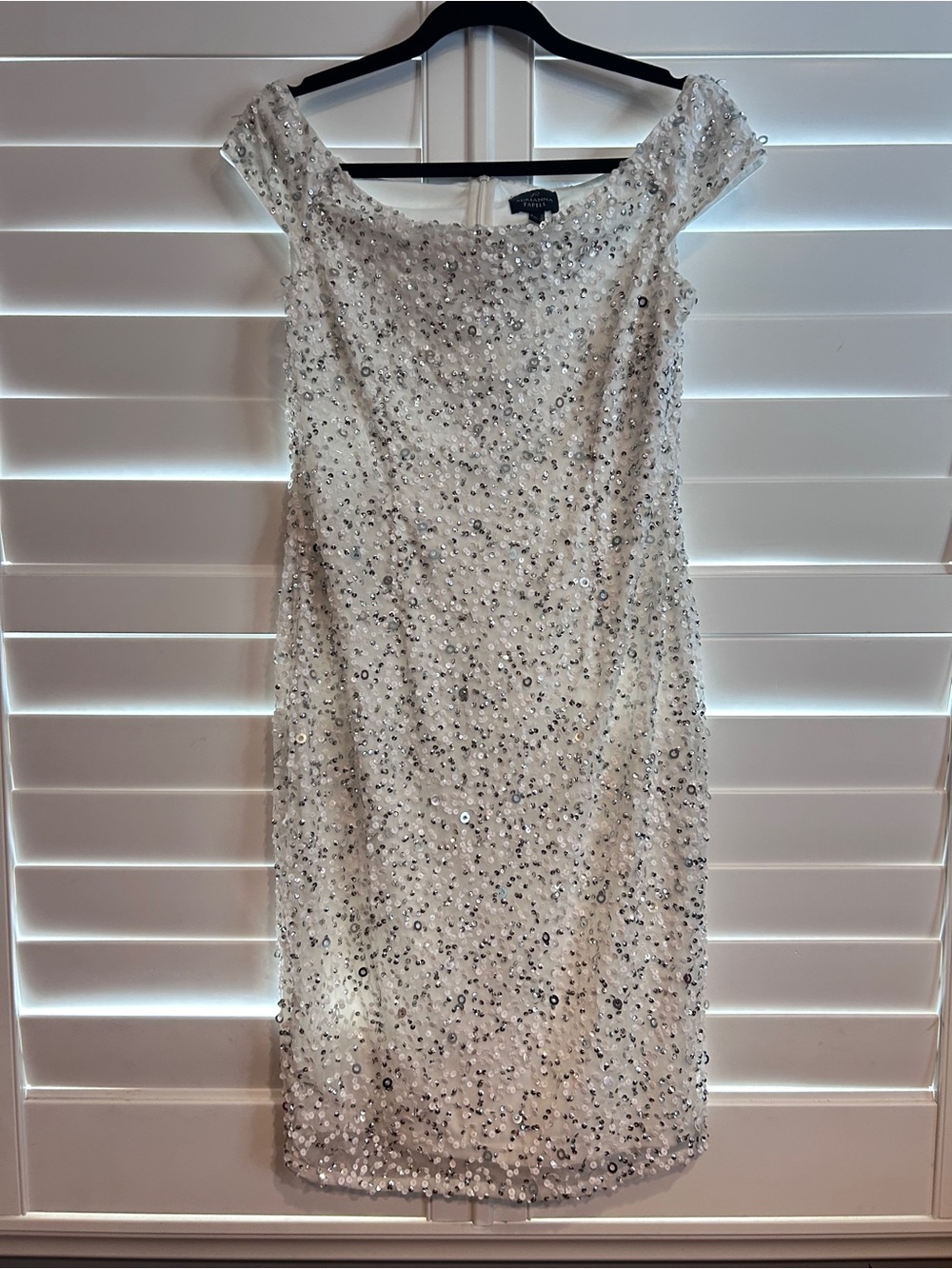 Adrianna Papel Sequin Off the Shoulder Shift Dress White Silver Size 12